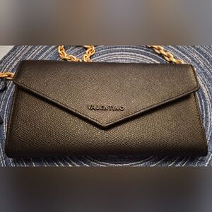 Valentino Black Leather Clutch with Gold Chain